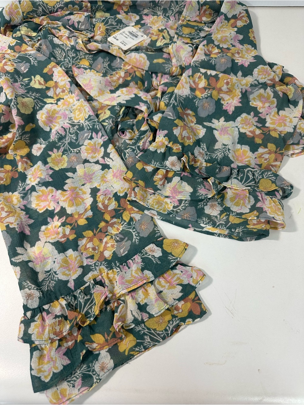 Free People Maybel Blouse Green Floral Ruffle Tie-Front Top Pink & Yellow Blooms - Picture 13 of 15